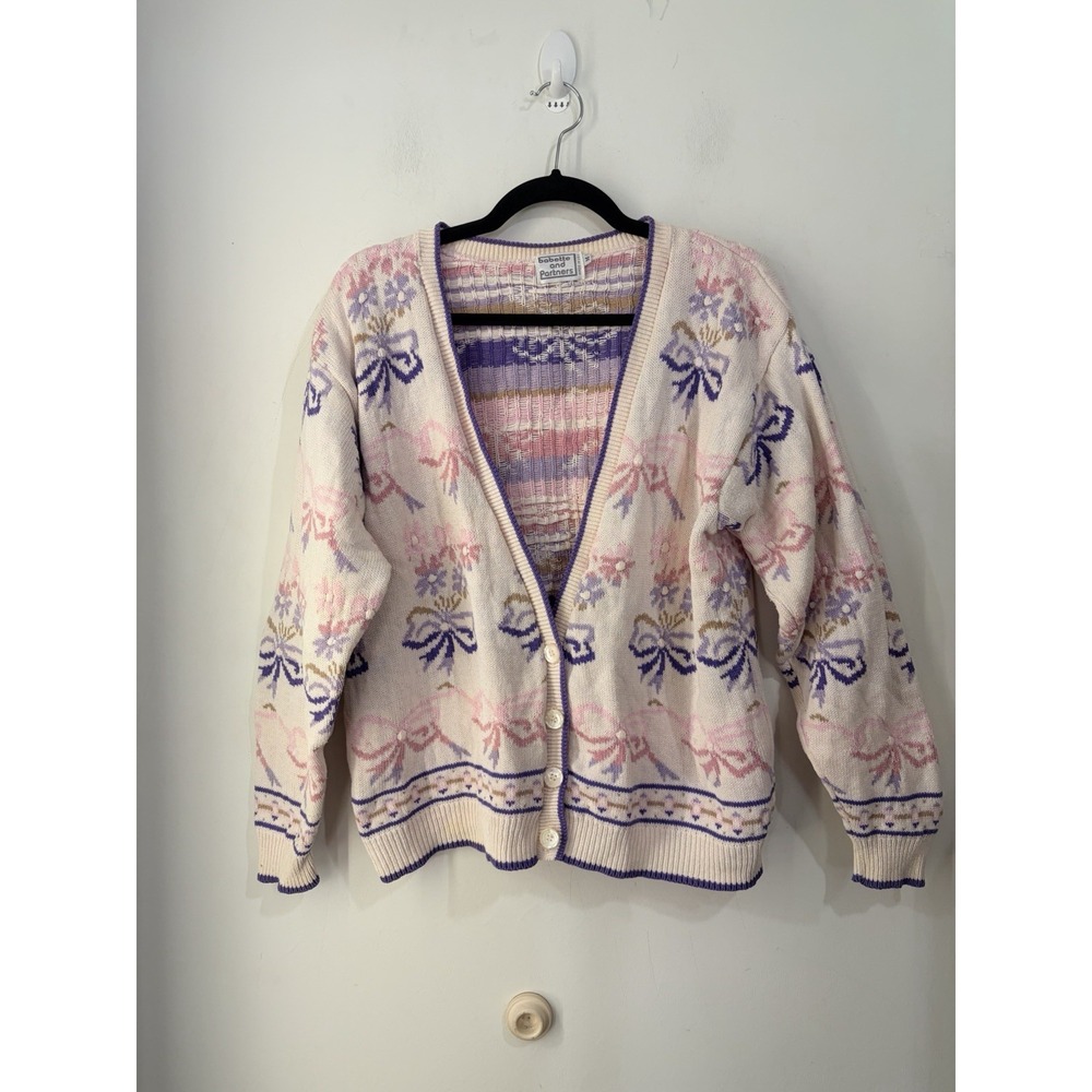 Vintage Babette & Partners Bow Cardigan‎ Sweater Pastel Coquette Size M